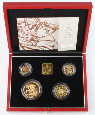 A cased United Kingdom gold proof sovereign 4 coin collection set 1999, comprising half sovereign, sovereign, two pounds and five pounds, No 0496/1000 67.88 grams 