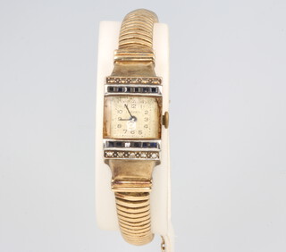 A lady's Art Deco style 9ct yellow gold sapphire and diamond set cocktail watch, 24 grams gross 