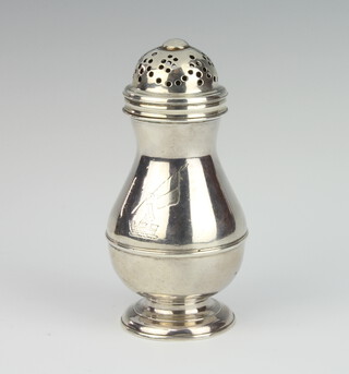 A George II silver baluster pepperette of simple form, London 1732, 11cm, 156 grams