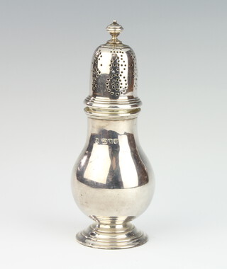 A Queen Anne style silver baluster sugar shaker London 1937, 15cm, 164 grams