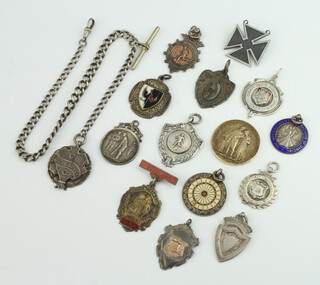 A silver watch chain together with 15 fobs and badges 168 grams 
