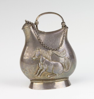 A Continental silver repousse flask decorated with horses, 10cm, 115 grams 