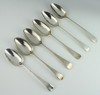 Six early Georgian silver table spoons mixed dates, 363 grams