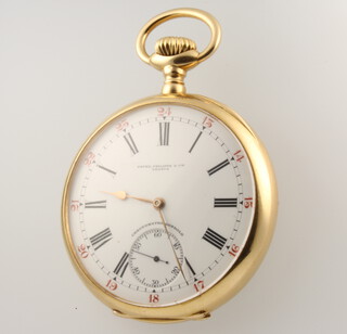 Patek Philippe, 1909 a gentleman's 18ct yellow gold mechanical pocket watch, the dial inscribed Patek Philippe & Cie Geneva, Chronometro Gondolo, with seconds at 6 o'clock, contained in a 55mm case, the case numbered 257887 the movement numbered 153801, with a 2 colour enamelled monogram J A Together with an "Extract from the Archives" document from Patek Philippe dated 2017