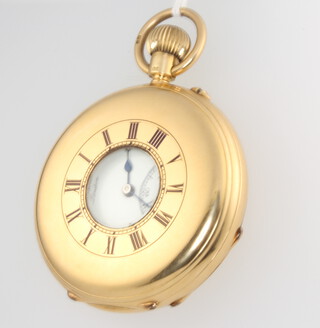A gentleman's 18ct yellow gold half hunter pocket watch contained in a 50mm case 