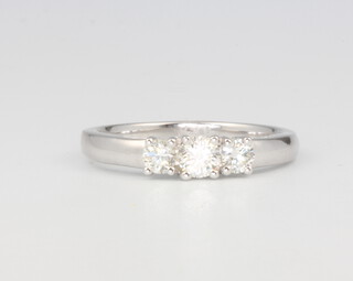 An 18ct white gold 3 stone diamond ring, approx. 0.5ct, colour H/I, clarity VS, size N