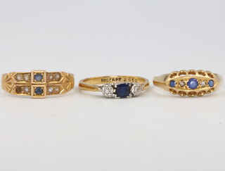 A 15ct yellow gold sapphire and pearl ring size O, 3 grams, 2 18ct sapphire and diamond rings size O, 5 grams