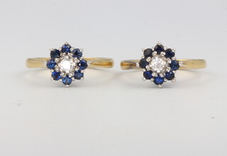 Two 18ct yellow gold sapphire and diamond cluster rings size M, 7.1 grams