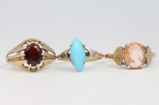 Three 9ct yellow gold gem set rings sizes L, M and N