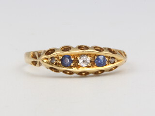 A Victorian 18ct yellow gold sapphire and diamond ring size J, 2.3 grams 