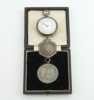 A lady's Edwardian silver fob watch with enamelled dial, 2 silver fobs 