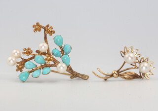 A 14ct yellow gold pearl floral brooch 3.2 grams gross, a ditto yellow gold turquoise and pearl brooch 7.8 grams gross 