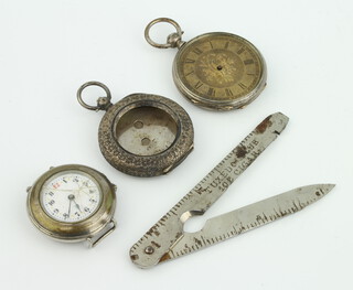 A silver cased wristwatch, a fob watch, fob watch case and pen knife 