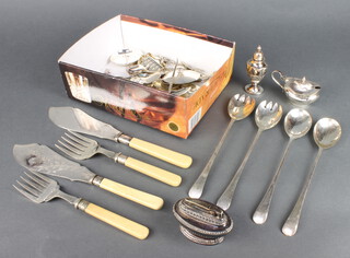 A sterling silver dish and spoon, 36 grams and minor plated wares 