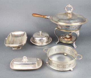 A silver plated swing handled basket and minor plated wares