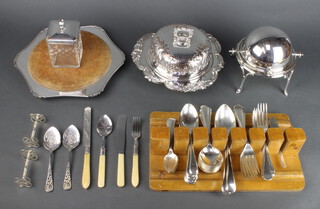 A silver plated muffin dish and stand and minor plated wares