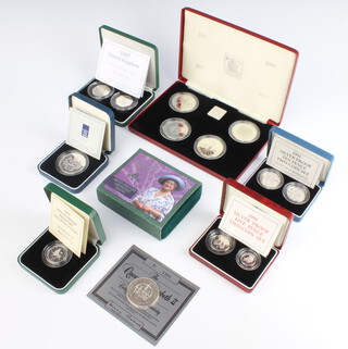 The Queen Elizabeth Collection of 4 silver proof crowns, 6 other cased silver proof coin sets containing 9 crowns and a loose ditto 256 grams 
