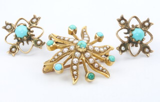 An Edwardian yellow gold, seed pearl and turquoise brooch and a pair of similar ear clips 