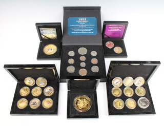 Five gilt commemorative crown sets and a boxed 1953 coin set 