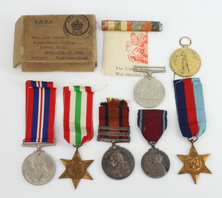 A Queens South Africa medal with South Africa 1902 and Cape Colony bars to no.40203 .Pte.R.W.Londridge 129th Coy Imp.Yeo. together with a 1935 Jubilee medal, a Victory medal to LZ5397HJ Baigent Act.L.S.R.N.V.R. and 4 Second World War medals