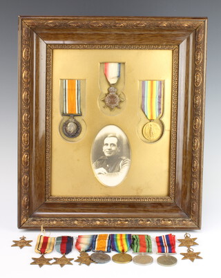 Family group medals, a trio to 78512 DVR.H.N.Hollway RFA framed with photograph of recipient, a group to 17917 Pte.J.E.Rugg Bedf-R comprising 1914-15 Star, War medal, Victory medal and Defence medal and a World War Two group comprising 1939-45 Africa, Italy, Atlantic, Pacific Star and War medal 