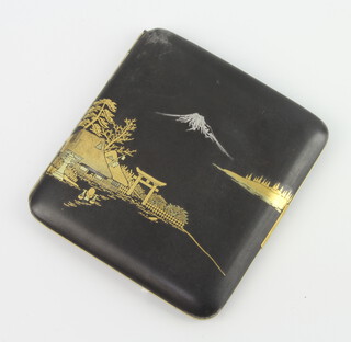 A Japanese inlaid metal cigarette case decorated a view of Mount Fuji signed Kiyoshi 