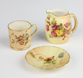 A Royal Worcester blush porcelain dish decorated with flowers 8cm, a ditto cup 5cm and a jug 7cm 