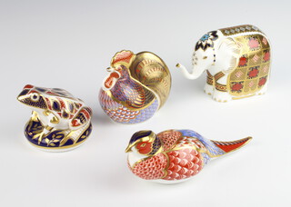 A Royal Doulton Imari pattern paperweight of a cockerell 9cm (no stopper), a ditto of a pheasant 19cm (no stopper), a frog 7cm and an elephant 12cm (no stopper) 