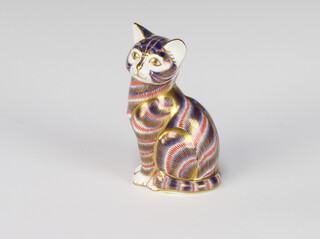 A Royal Crown derby Imari pattern paperweight of a seated cat with silver stopper 14cm 