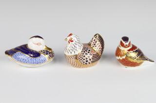 A Royal Crown Derby Imari pattern bird paperweight with silver stopper 7cm, a ditto of a duck silver stopper 12cm and a ditto chicken silver stopper 10cm 