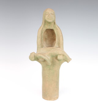 A Studio Ceramics figure of a mother and child 40cm, raised on a wooden base 