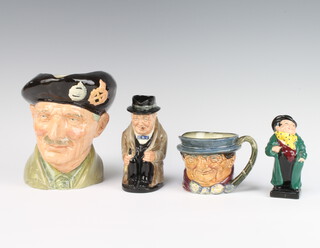 A Royal Doulton character jug Monty D6202 15cm, a ditto Tony Weller Souvenir from Bentalls 7cm, seated Winston Churchill 13cm and Tony Weller standing figure 10cm 