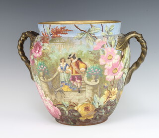An Edwardian jardiniere decorated with a fete gallant scene 41cm together with a smaller ditto decorated with flowers 22cm 