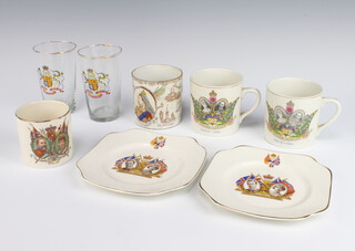 A Victorian commemorative mug, 3 others, 2 plates and 2 glasses 