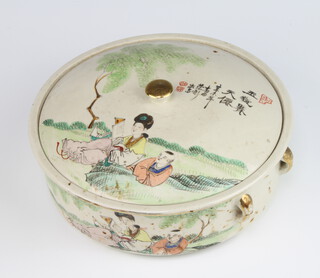 A 20th Century Chinese circular bowl and cover decorated with script and figures in garden landscapes 22cm 
