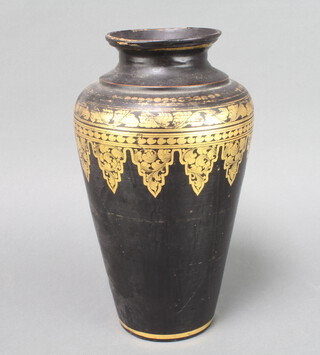 A 19th Century Oriental cylindrical black and gold lacquered vase 31cm h x 11cm  