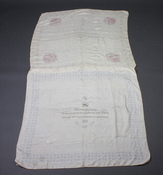 A Victorian silk boxing handkerchief marked Alf.Suffolk matched with Joe Wilson for 350 pounds 9st 8lbs Championship 1891 80cm x 88cm, together with 1 other Harry Nickless matched with Bill Hatcher for 400 pounds and the 10 stone Championship of the World 1891 82cm x 87cm   