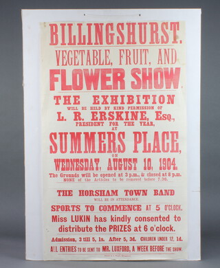 An Edwardian poster for The Billingshurst Vegetable, Fruit and Flower Show at Summers Place on Wednesday 10th August 1904 66.5cm h x 40.5cm w 