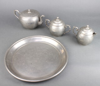 A Wahlee 4 piece pewter tea service - tray, teapot, milk jug and sugar bowl 