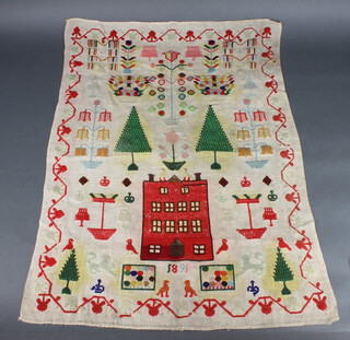 A Victorian woolwork sampler with house, trees and birds, dated 1891, 82cm x 57cm, unframed  