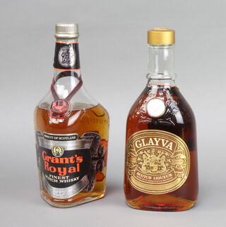 A 1970's bottle of Grants 12 years old Royal Scots Whisky (low in neck) and a bottle of Glayva Scotch liqueur 