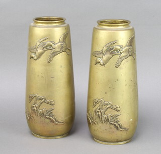 A pair of Japanese polished bronze vases decorated storks 27cm h x 7cm diam. 