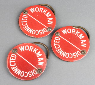 Three red and white enamelled 19 Railwayman Workman Disconnected badges 7cm diam. (all with chips to rim) 