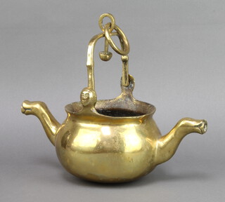 A 17th Century style polished bronze double spouted kettle with swing handle, the base marked Made in Belgium 13cm h x 31cm w x 15cm d  
