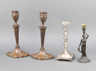 A pair of 19th Century Adam style candlesticks raised on spreading feet 30cm x 16cm x 12cm (once silver plated), an Art Nouveau spelter candlestick in the form of a standing lady 23cm and 1 other candlestick 