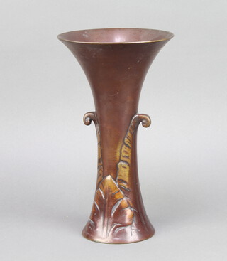 An Art Nouveau bronze trumpet shaped twin handled vase 25cm h x 15cm 