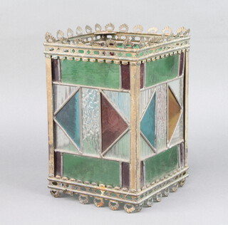 A square Art Nouveau gilt metal and lead glass lantern 25cm h x 17cm 