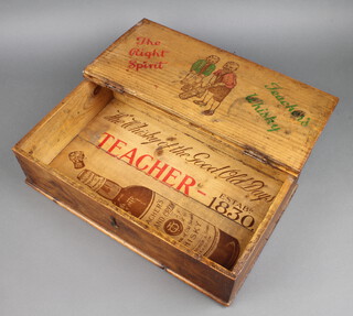A 1920's wooden box with hinged lid formed from Teacher's Whisky crates marked "The Right Spirit Teacher's Whisky" 22cm h x 43cm w x 27cm d  