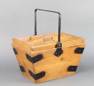 A 1920's rectangular pine and metal bound housekeepers basket with swing handle 22cm h x 34cm w x 25cm d  