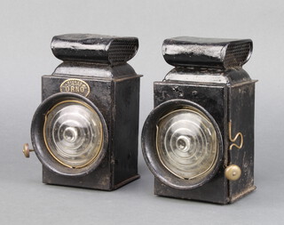 A pair of Orno Japanned car lamps 17cm x 10cm x 10cm together with a photocopied drawing and explanation of lamps 